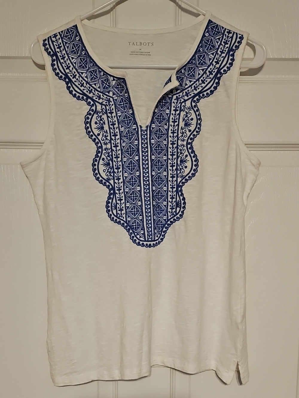Talbots White Sleeveless Tank with Blue Embroidered Placket